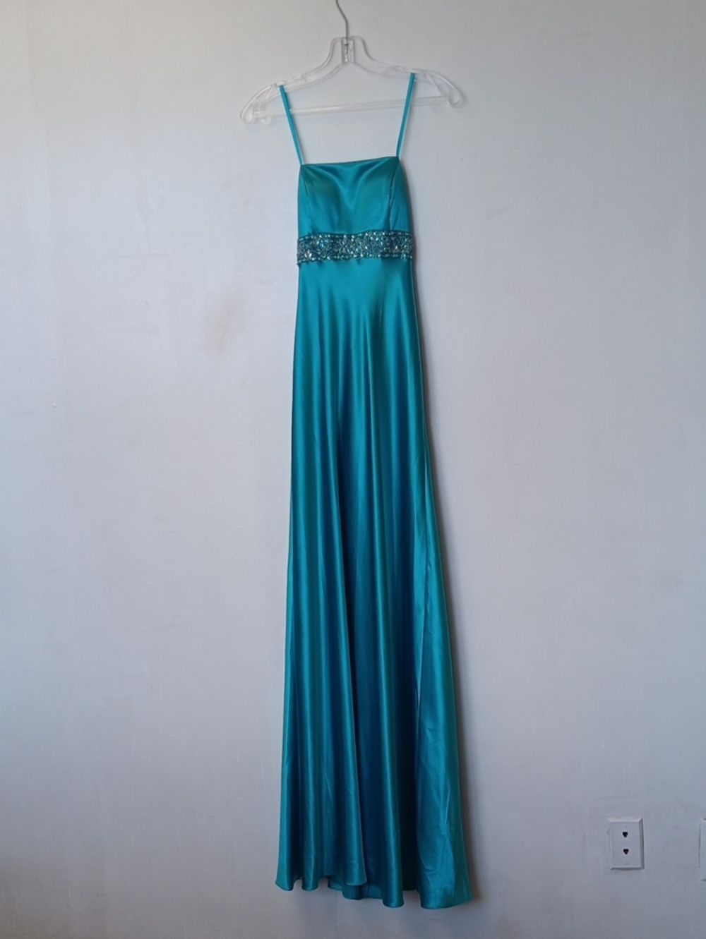 Faviana Teal Satin Spaghetti Strap Maxi Dress with Beaded Waist